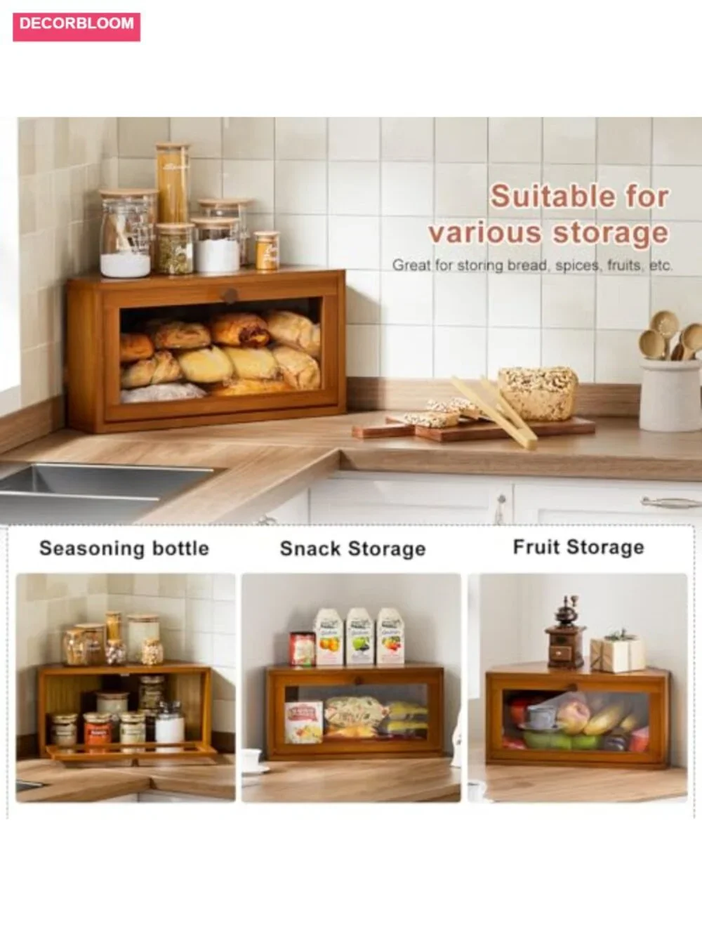 Corner Bamboo Bread Box with Magnetic Lock, Large Capacity Kitchen Countertop